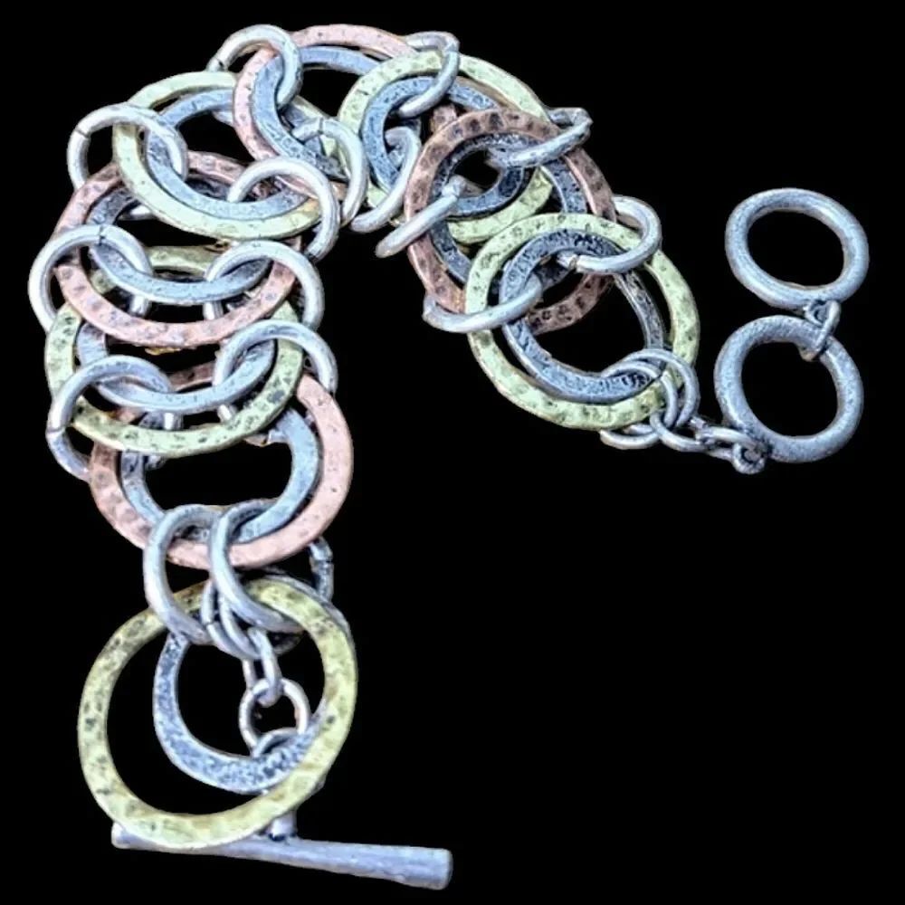 Mixed Metals Brass, Silver, Copper Ring Toggle Clasp Bracelet size L